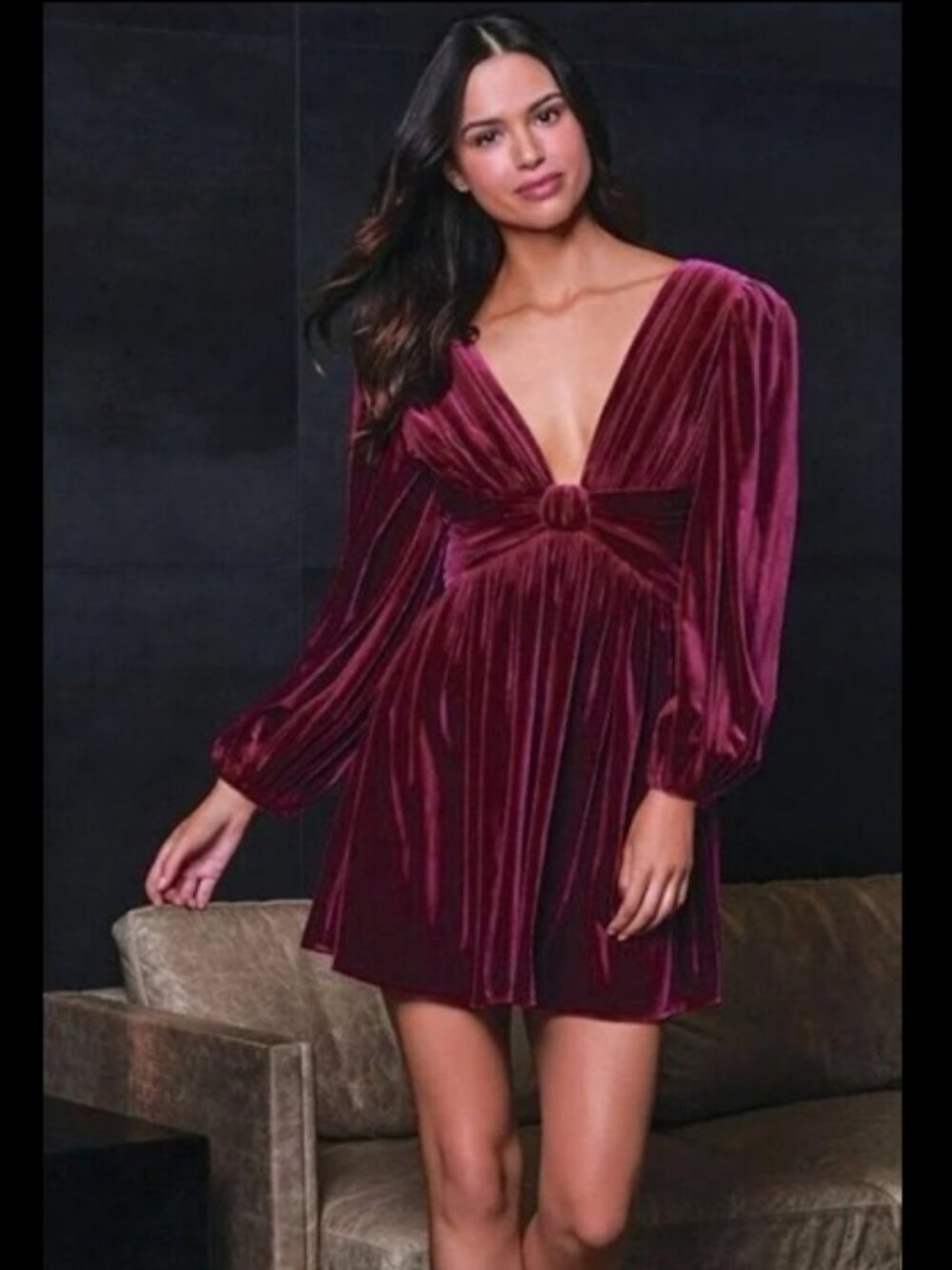 Gianni Bini Mariah 3/4 Sleeve Plunging V-Neck Velvet A-Line Dress Sz 4